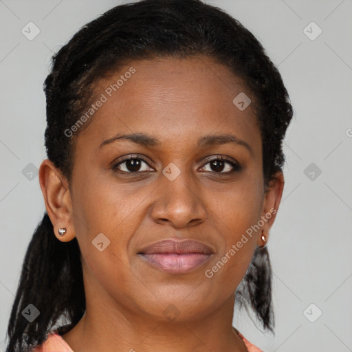 Joyful black young-adult female with medium  brown hair and brown eyes