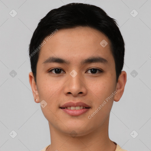 Joyful asian young-adult male with short  black hair and brown eyes