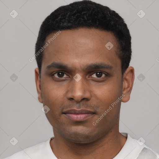 Neutral black young-adult male with short  black hair and brown eyes