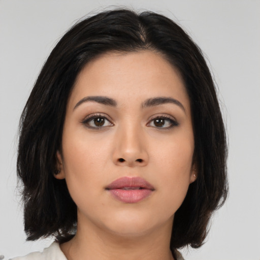 Neutral asian young-adult female with long  black hair and brown eyes