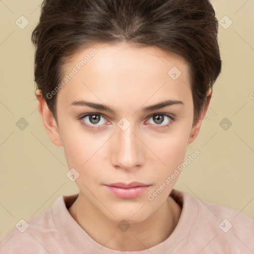 Neutral white young-adult female with short  brown hair and brown eyes