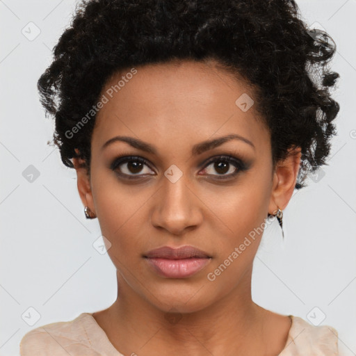 Neutral latino young-adult female with short  black hair and brown eyes