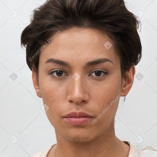 Neutral white young-adult female with short  brown hair and brown eyes