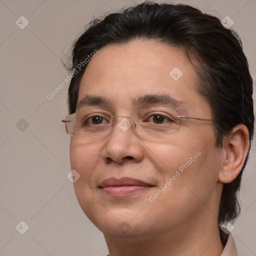 Joyful white adult female with medium  brown hair and brown eyes