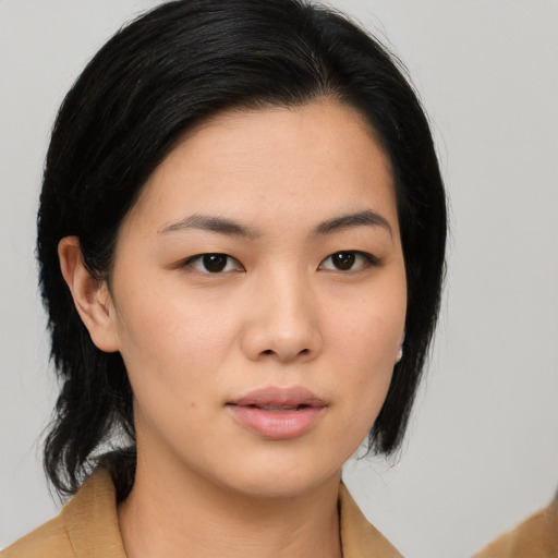 Neutral asian young-adult female with medium  black hair and brown eyes