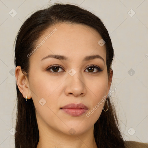 Neutral white young-adult female with long  brown hair and brown eyes