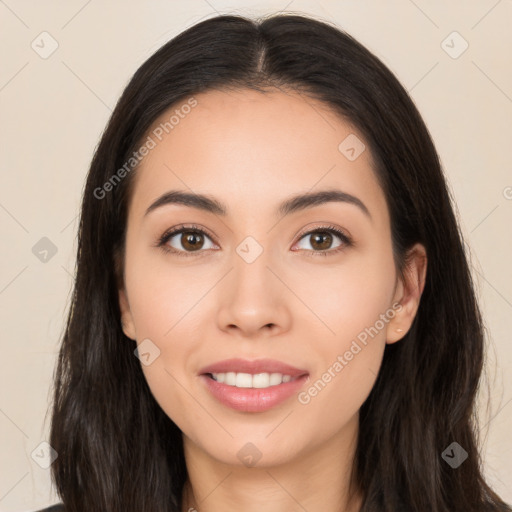 Joyful asian young-adult female with long  brown hair and brown eyes