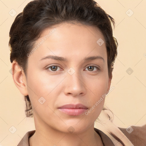 Neutral white young-adult female with short  brown hair and brown eyes