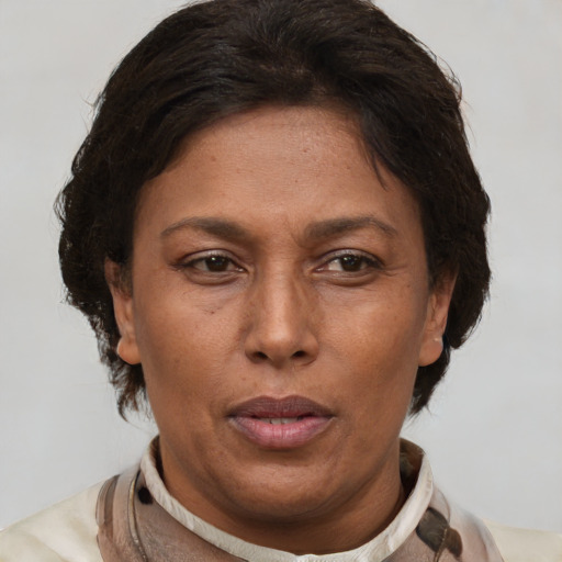 Neutral latino adult female with short  brown hair and brown eyes