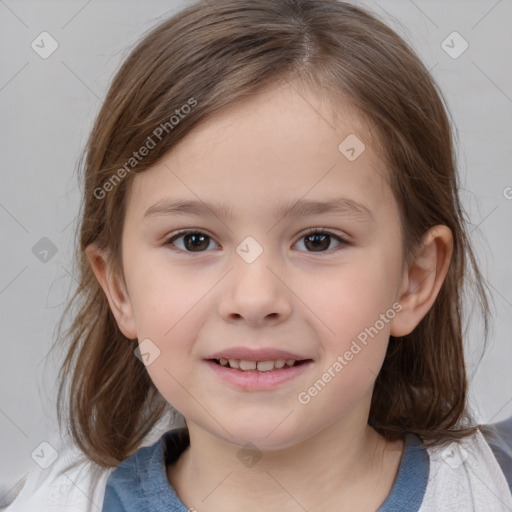 Joyful white child female with medium  brown hair and brown eyes