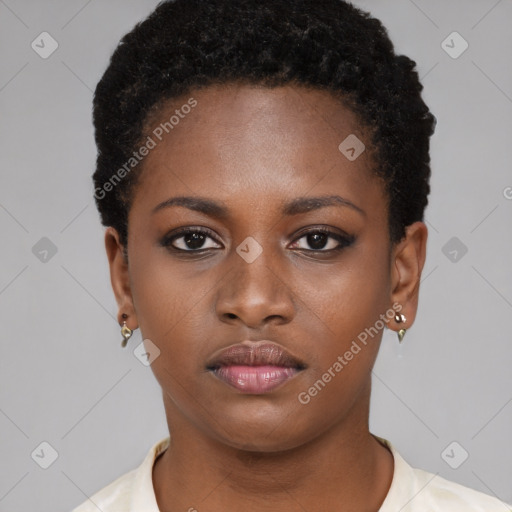 Neutral black young-adult female with short  black hair and brown eyes