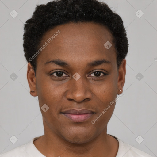 Joyful black young-adult male with short  brown hair and brown eyes