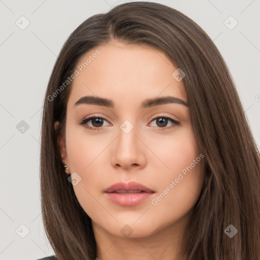 Neutral white young-adult female with long  brown hair and brown eyes