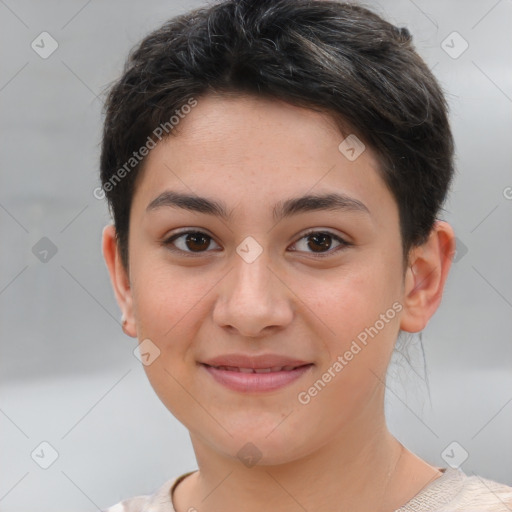 Joyful white young-adult female with short  brown hair and brown eyes