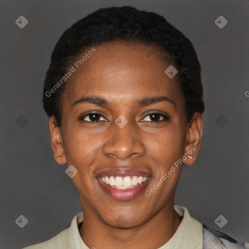 Joyful latino young-adult female with short  black hair and brown eyes