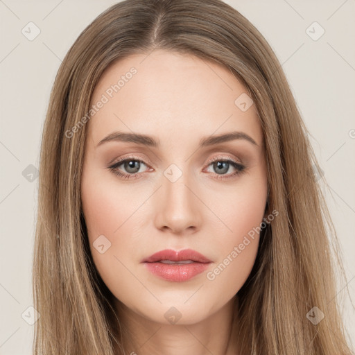 Neutral white young-adult female with long  brown hair and brown eyes