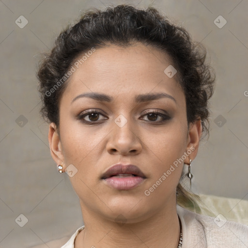 Neutral white young-adult female with short  brown hair and brown eyes