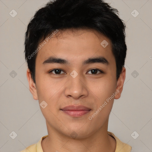 Joyful latino young-adult male with short  black hair and brown eyes