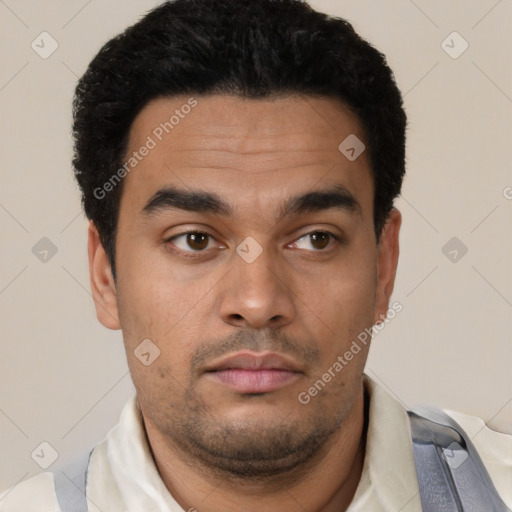 Neutral latino young-adult male with short  black hair and brown eyes