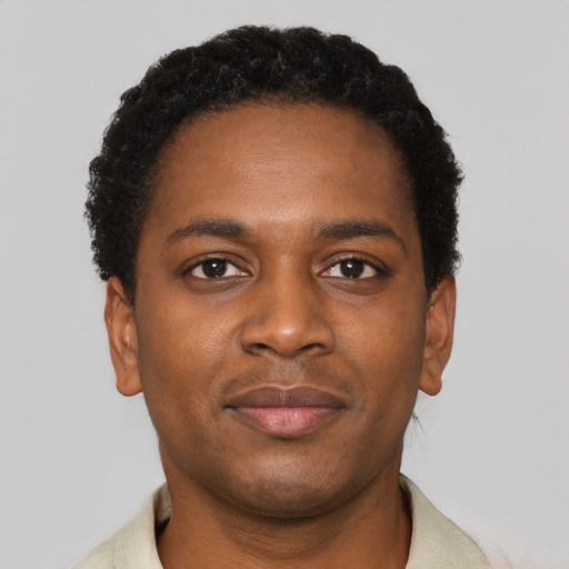 Joyful black young-adult male with short  black hair and brown eyes