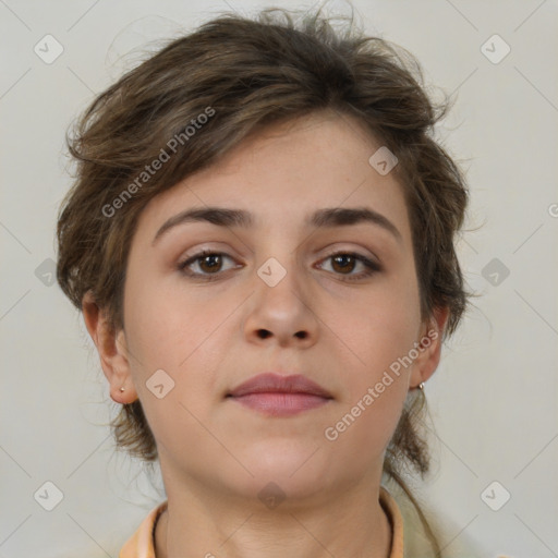 Neutral white young-adult female with medium  brown hair and brown eyes