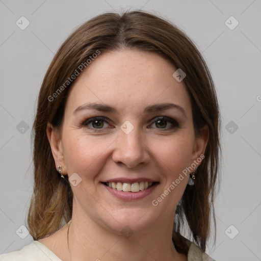 Joyful white young-adult female with medium  brown hair and grey eyes