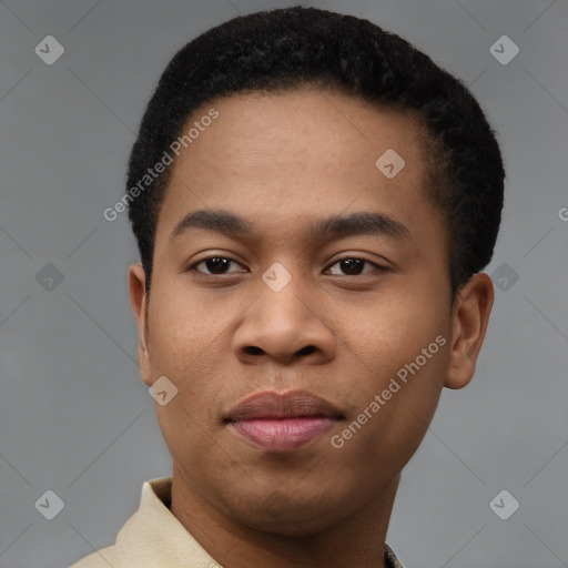 Joyful black young-adult male with short  black hair and brown eyes