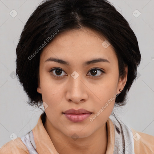 Neutral latino young-adult female with medium  brown hair and brown eyes
