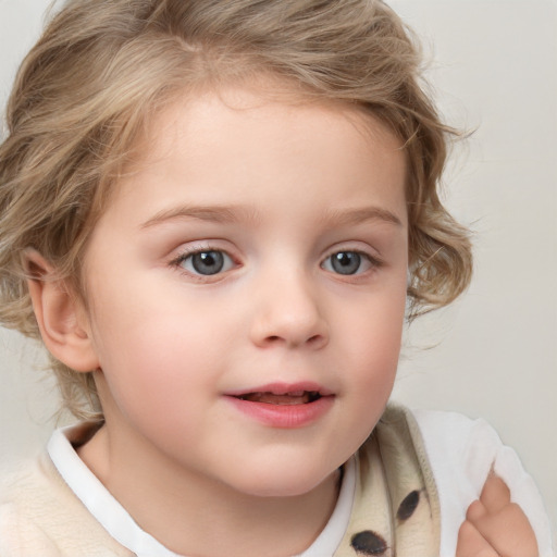 Neutral white child female with medium  brown hair and blue eyes