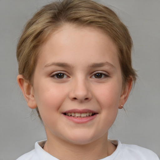 Joyful white child female with medium  brown hair and brown eyes