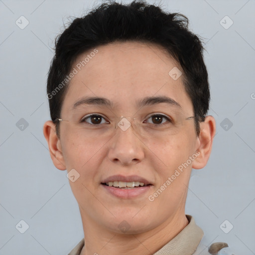 Joyful white adult female with short  brown hair and brown eyes
