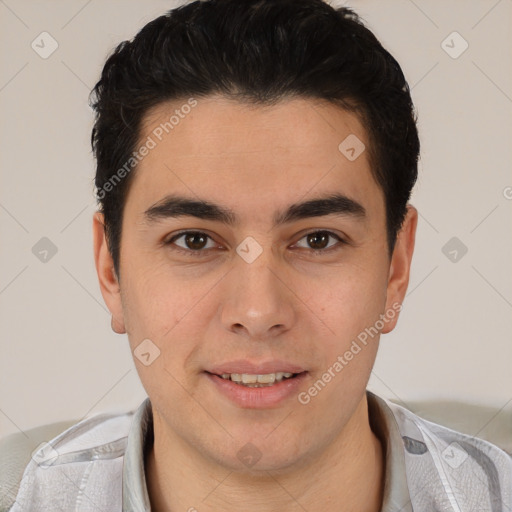 Joyful latino young-adult male with short  brown hair and brown eyes