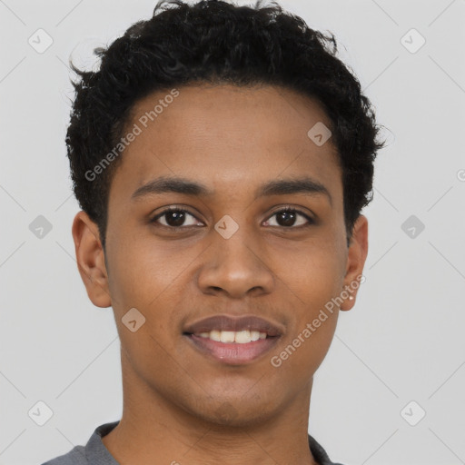 Joyful latino young-adult male with short  brown hair and brown eyes