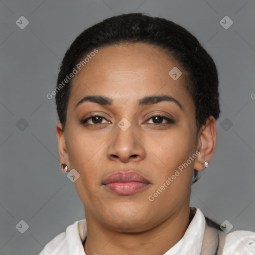 Neutral latino young-adult female with short  black hair and brown eyes