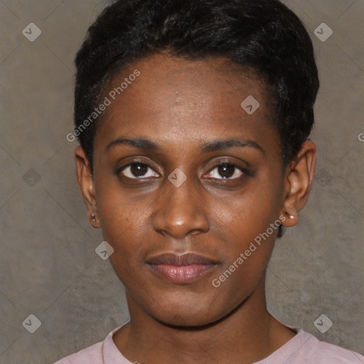 Neutral black young-adult female with short  black hair and brown eyes