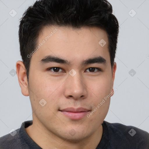 Neutral asian young-adult male with short  brown hair and brown eyes