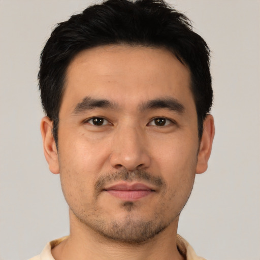 Neutral asian young-adult male with short  black hair and brown eyes