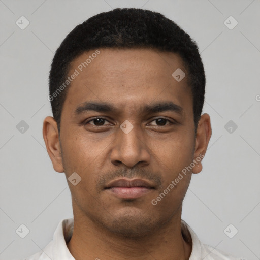 Neutral latino young-adult male with short  black hair and brown eyes