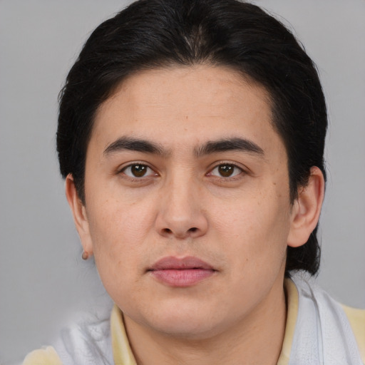 Joyful white young-adult male with medium  brown hair and brown eyes