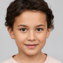 Joyful white child female with short  brown hair and brown eyes