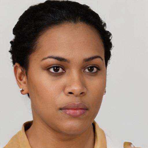 Neutral latino young-adult female with short  brown hair and brown eyes