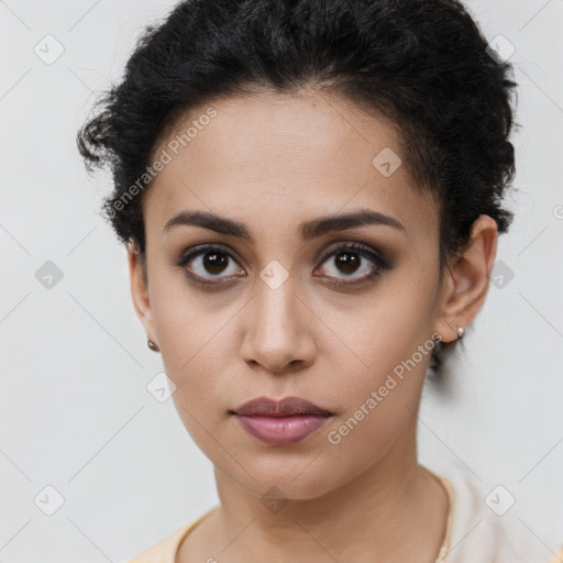 Neutral white young-adult female with short  brown hair and brown eyes