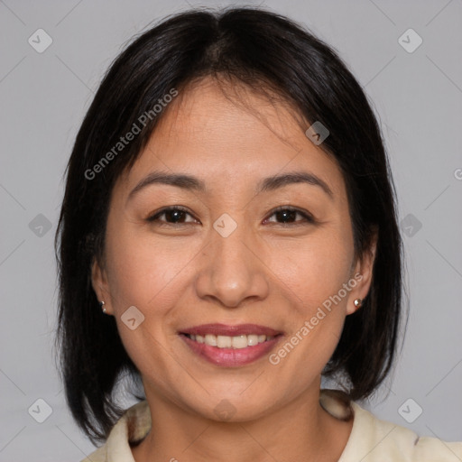 Joyful white young-adult female with medium  brown hair and brown eyes