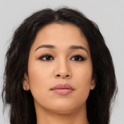 Neutral asian young-adult female with long  brown hair and brown eyes