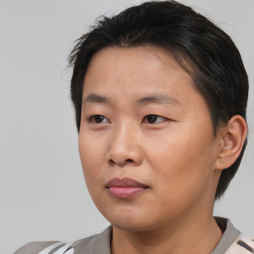 Neutral asian young-adult female with short  brown hair and brown eyes