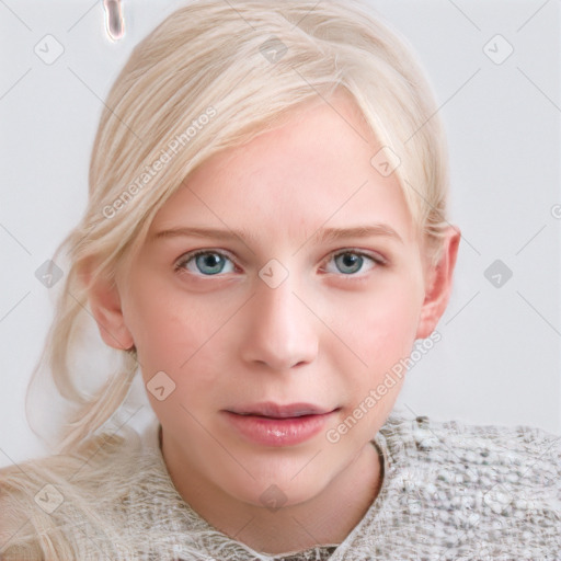 Neutral white young-adult female with medium  blond hair and blue eyes