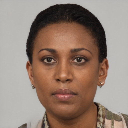 Neutral latino young-adult female with short  black hair and brown eyes