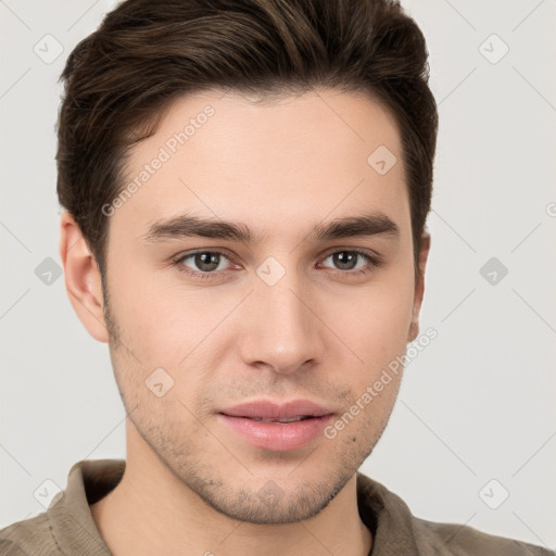 Neutral white young-adult male with short  brown hair and brown eyes