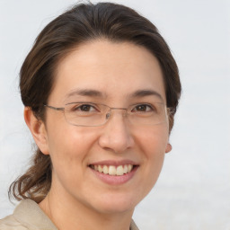 Joyful white adult female with medium  brown hair and brown eyes