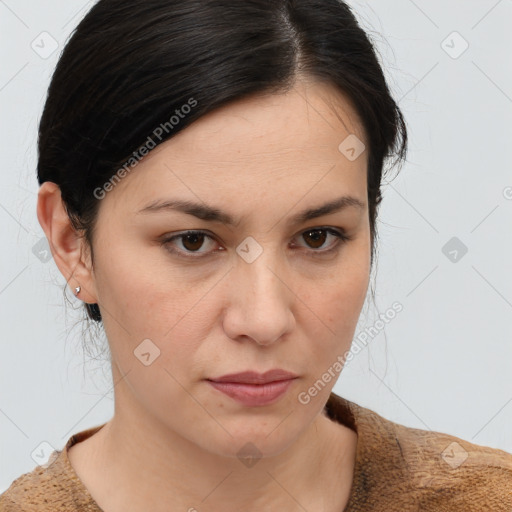 Neutral white young-adult female with medium  brown hair and brown eyes